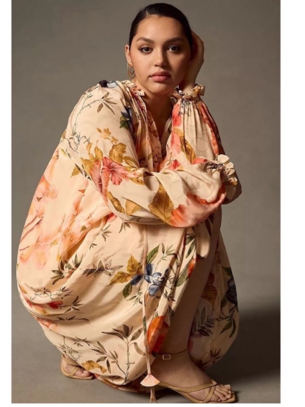 Anthropologie Siddhartha Bansal Dress Neck-Tie Sequin Maxi in Peach Floral - Picture 4 of 8